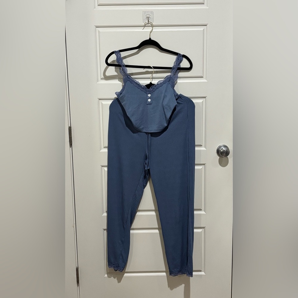 Blue Smocked Lace-Trim Lounge Set – 2-Piece Cami Top & Jogger Pants